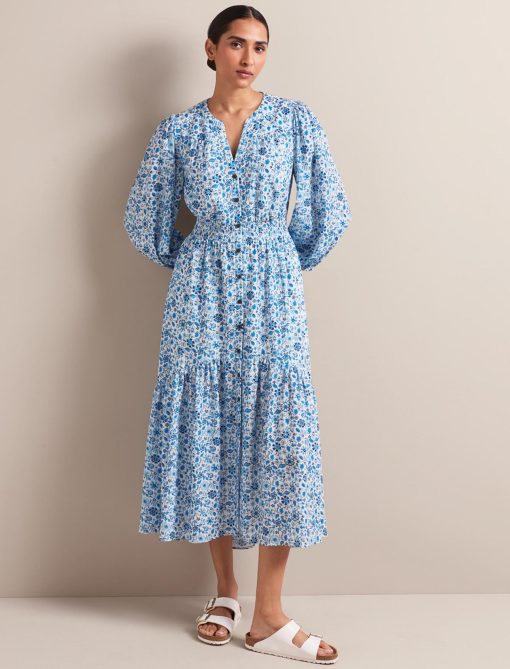 Aspen Cotton Blend Maxi Dress - White Blue Ditsy Carnation Print - 图片 6