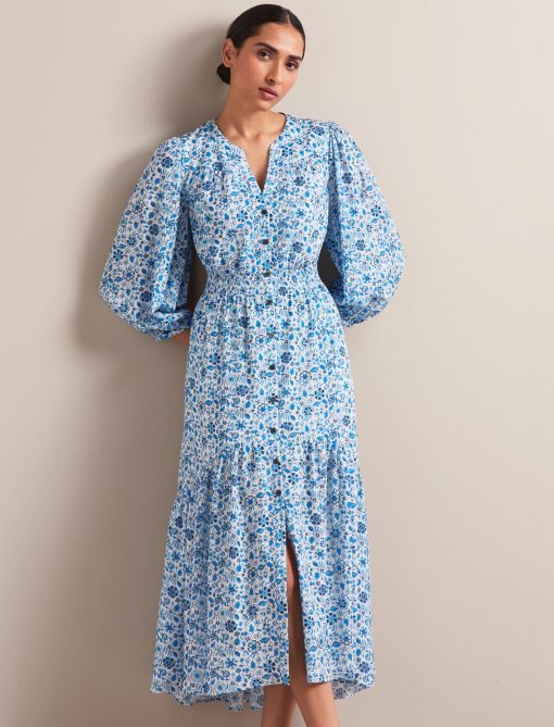 Aspen Cotton Blend Maxi Dress - White Blue Ditsy Carnation Print - 图片 9