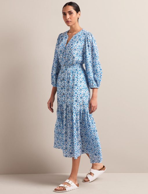 Aspen Cotton Blend Maxi Dress - White Blue Ditsy Carnation Print - 图片 4