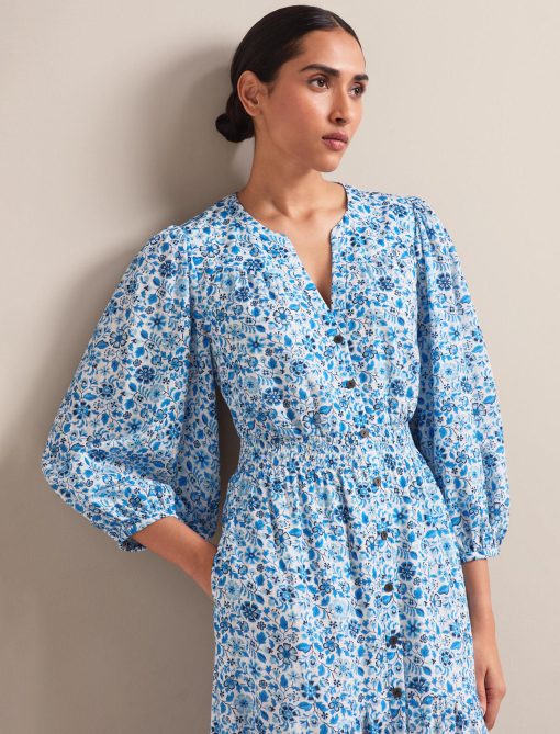 Aspen Cotton Blend Maxi Dress - White Blue Ditsy Carnation Print - 图片 2