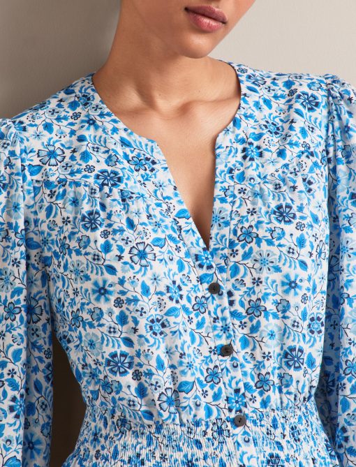 Aspen Cotton Blend Maxi Dress - White Blue Ditsy Carnation Print - 图片 3