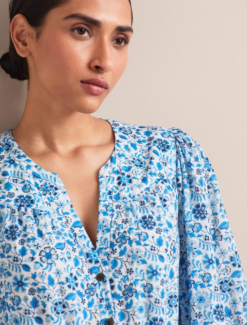 Aspen Cotton Blend Maxi Dress - White Blue Ditsy Carnation Print - 图片 5