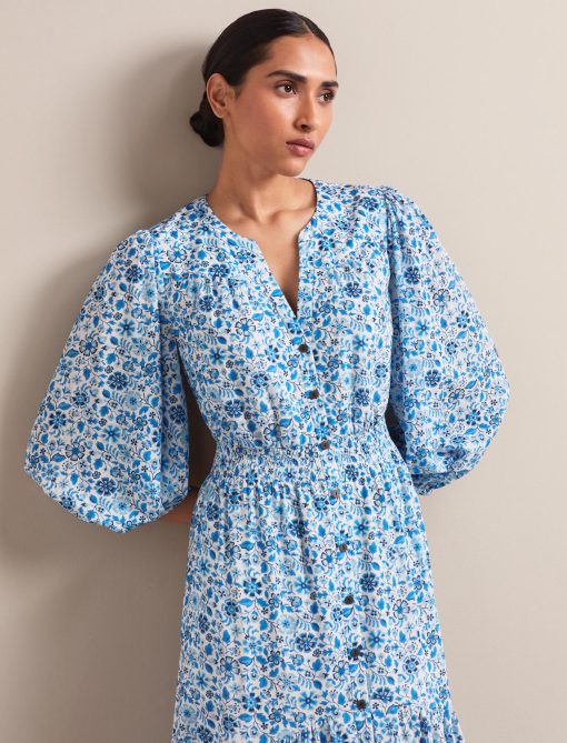 Aspen Cotton Blend Maxi Dress - White Blue Ditsy Carnation Print - 图片 7