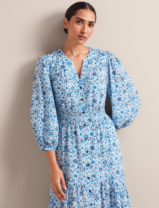 Aspen Cotton Blend Maxi Dress - White Blue Ditsy Carnation Print - 图片 8