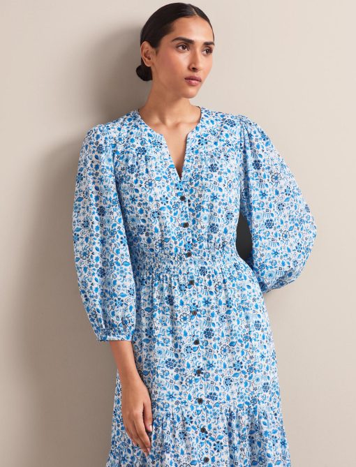 Aspen Cotton Blend Maxi Dress - White Blue Ditsy Carnation Print - 图片 10