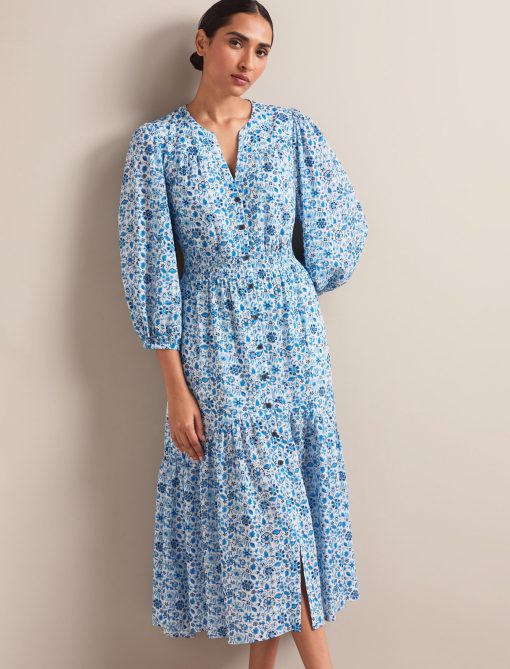 Aspen Cotton Blend Maxi Dress - White Blue Ditsy Carnation Print - 图片 11