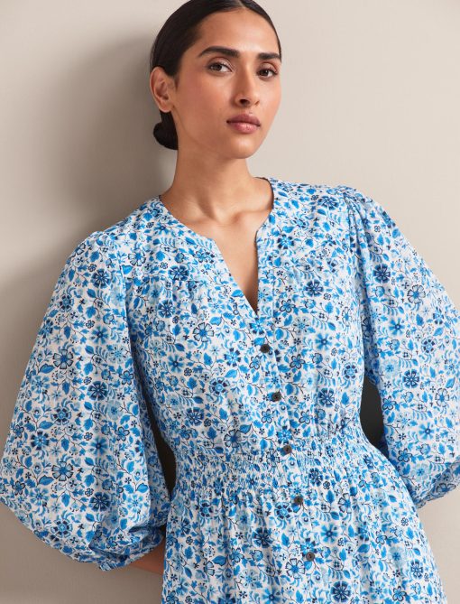 Aspen Cotton Blend Maxi Dress - White Blue Ditsy Carnation Print - 图片 12