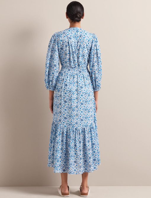 Aspen Cotton Blend Maxi Dress - White Blue Ditsy Carnation Print - 图片 13