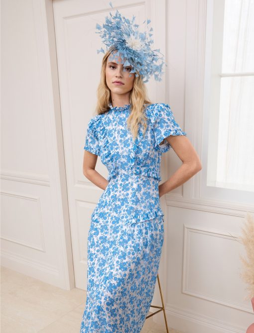 Mirabel Gold Metallic Fil Coupé Maxi Dress - White Blue Paisley Print - 图片 3